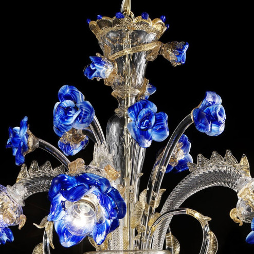 "Manin" lustre en verre de Murano - 3 lumieres - couleur transparent or et bleu
