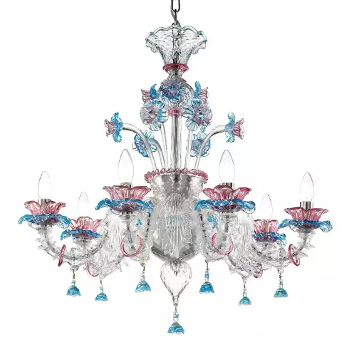 "Nada" Murano glass chandelier - 6 lights - transparent pink and light blue