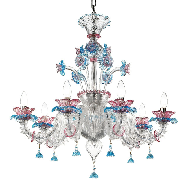 "Nada" Murano glas Kronleuchter - 6 flammig- transparent rosa  und blau