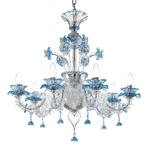 "Nada" lustre en verre de Murano - 6 lumieres- transparent et bleu