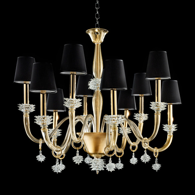 "Sibilla" Murano glass chandelier - 10 lights - gold and transparent black lampshades
