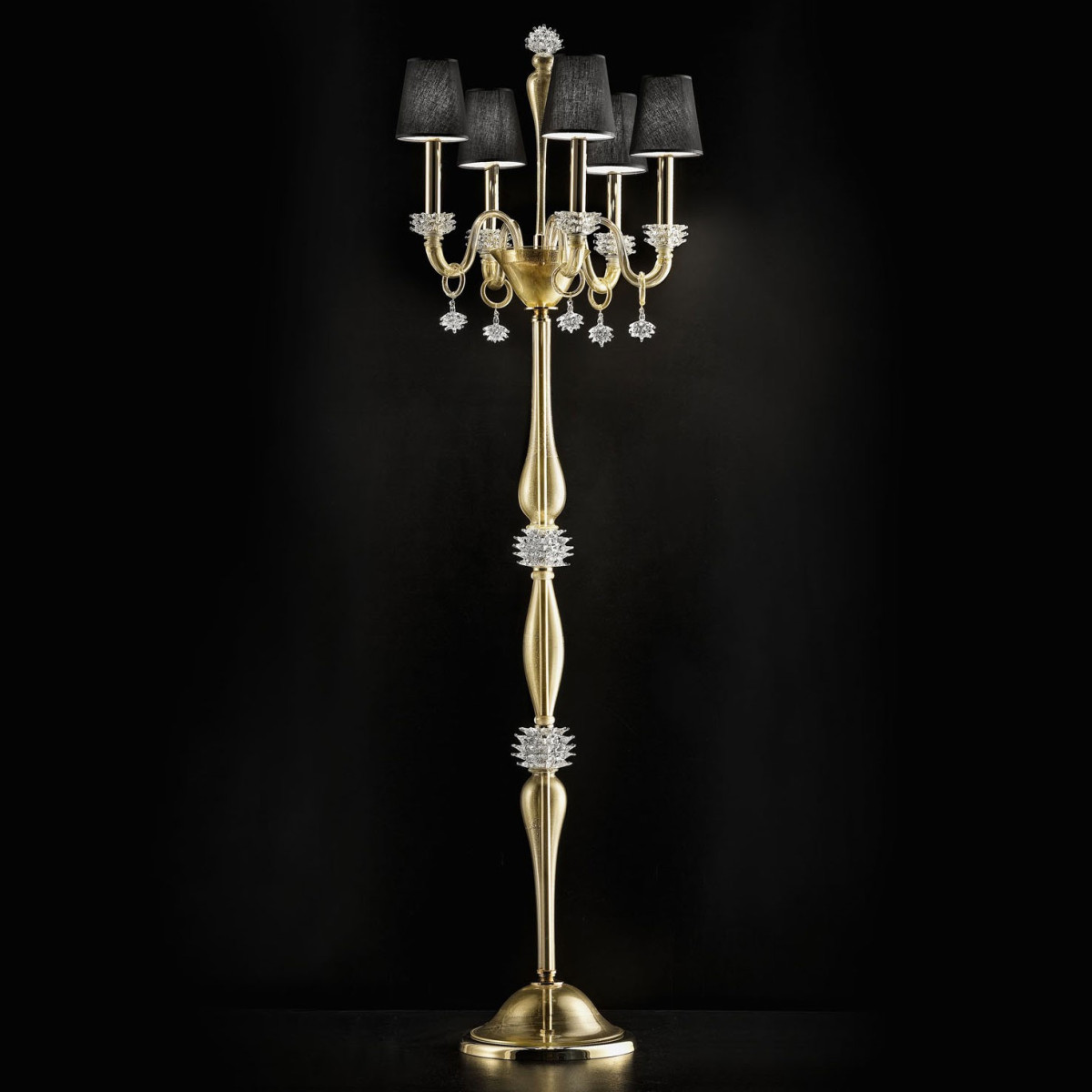 "Sibilla" Murano glass floor lamp - 5 lights - gold with black lampshades