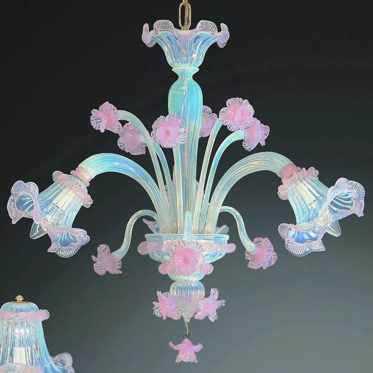 "Minerva" lustre en verre de Murano - 3 lumieres - opale et rose
