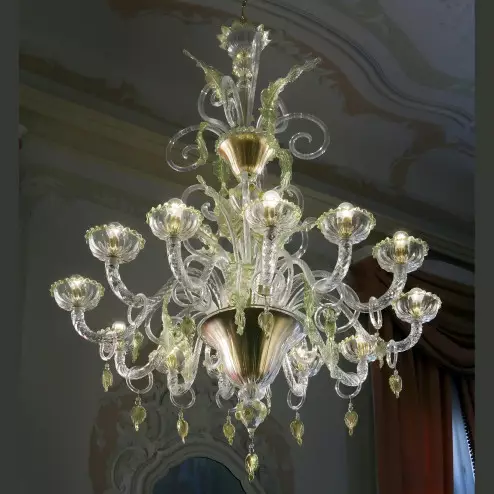 "San Severo" lampara de araña de Murano - 12 luces - transparente oro y verde