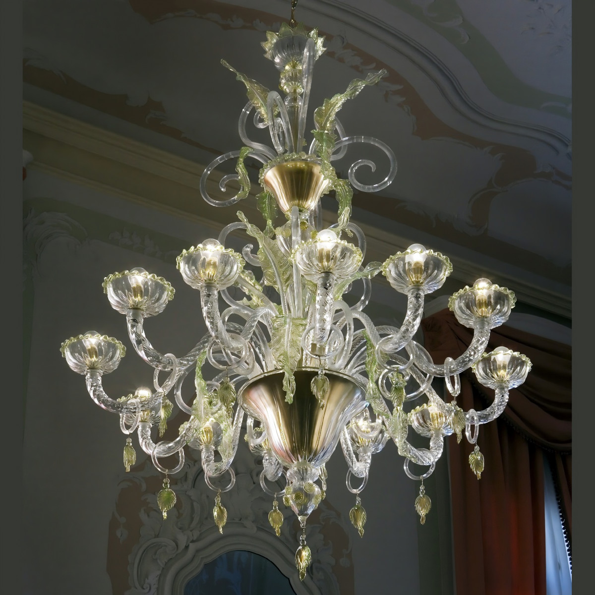 "San Severo" Murano chandelier - 12 lights - transparent gold, green finishes
