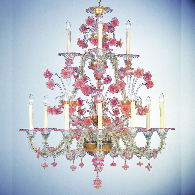 "Cloris" araña de cristal de Murano - 12 luces - transparente y rosa