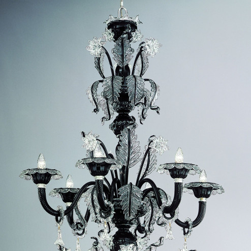 "Santa Lucia" two tier large Murano glass chandelier - 18 lights - black with transparent trimmings