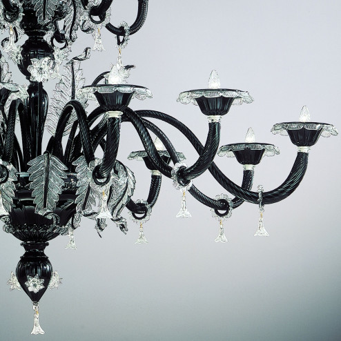 "Santa Lucia" two tier large Murano glass chandelier - 18 lights - black with transparent trimmings