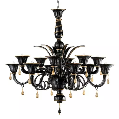 "Griso" lampara de araña de Murano - 12 luces - negro y oro