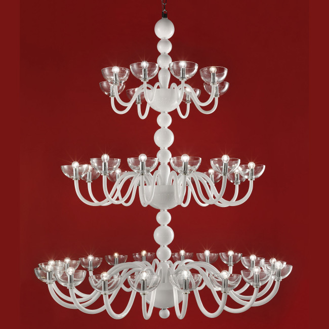 "Raffaello" lampara de cristal de Murano a tres niveles - 38 luces - blanca