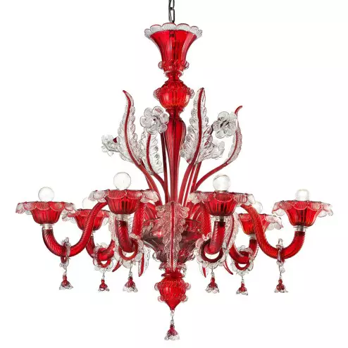 "Santa Lucia" Murano glass chandelier - 6 lights - red with transparent finishes