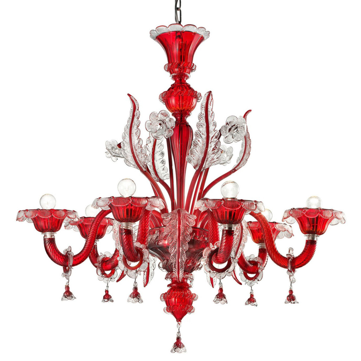 "Santa Lucia" lustre en cristal de Murano - 6 lumieres - rouge et transparent