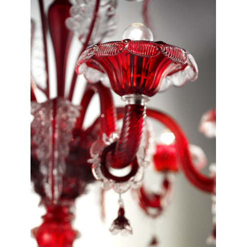 "Santa Lucia" lustre en cristal de Murano - 6 lumieres - rouge et transparent - detail
