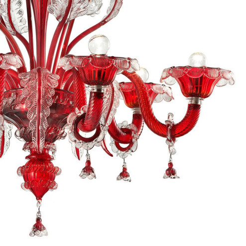 "Santa Lucia" lampara de cristal de Murano - 6 luces - rojo y transparente - detalle
