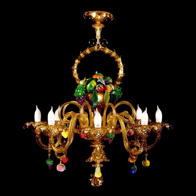 "Cesto di frutta" Murano glass chandelier - 8  lights - amber with colored fruit