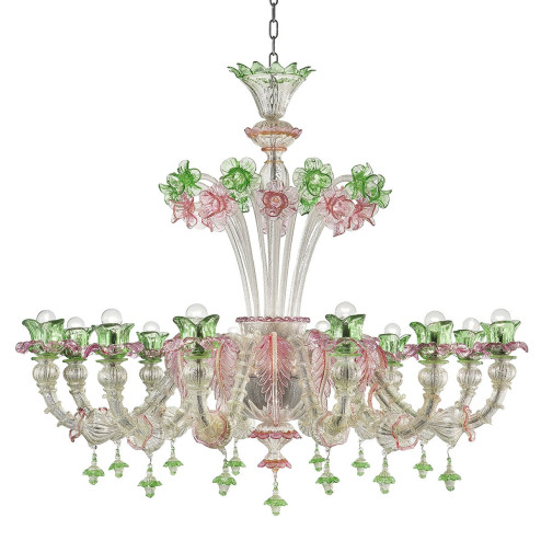 "Ines" lampara de araña de Murano - 12 luces, plata con rosa y verde