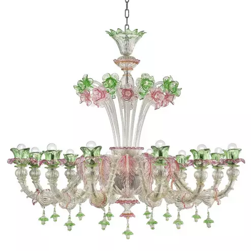 "Ines" Murano glass chandelier - 12 lights, silver with pink and green trimmings