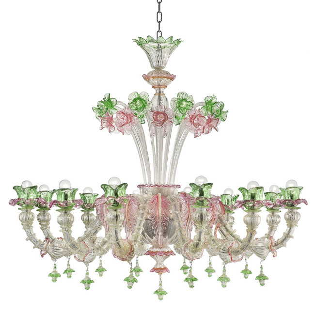 "Ines" Murano glass chandelier - 12 lights, silver with pink and green trimmings