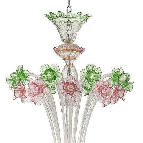 "Ines" Murano glas Kronleuchter - 12 flammig, silver mit rosa unt grün  - detail
