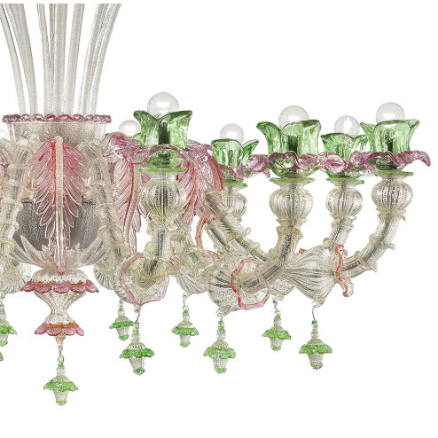 "Ines" lustre en verre de Murano - 12 lumieres, argent avec rose et vert - detail