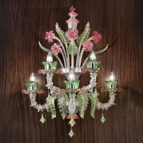 "Ines" Murano glass wall sconce - 3+2 lights, silver pink and green