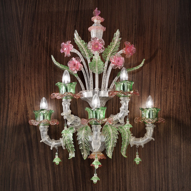 "Ines" Murano glass wall sconce - 3+2 lights, silver pink and green