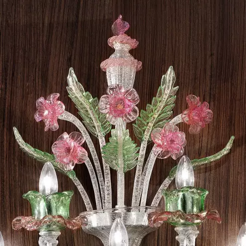 "Ines" Murano glas wandleuchte - 3+2 flammig, silver rosa und grün - detail