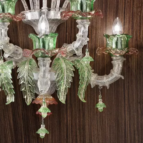 "Ines" Murano glass wall sconce - 3+2 lights, silver pink and green - detail