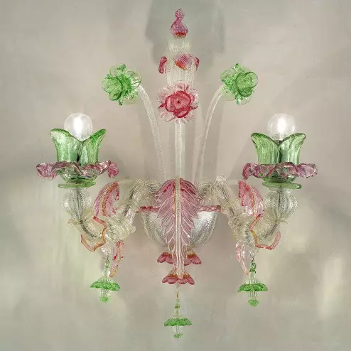 "Ines" Murano glass wall sconce - 2 lights, silver pink and green