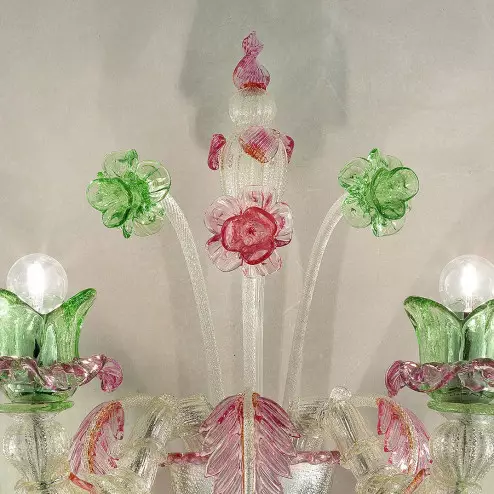 "Ines" Murano glass wall sconce - 2 lights, silver pink and green - detail
