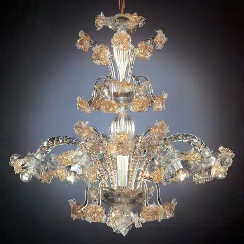 Flora 6 lights tall Murano chandelier - transparent gold color