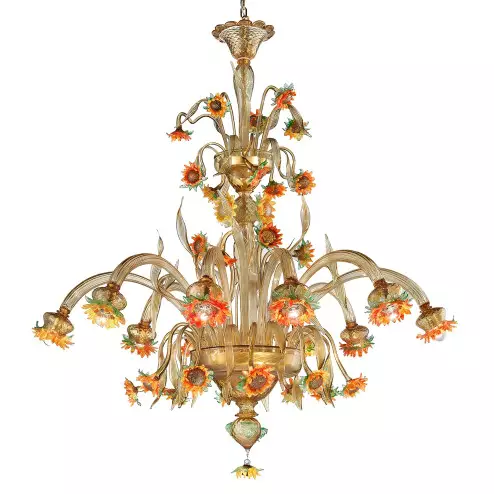 "Girasole" grande lampara de cristal de Murano - 10 luces , ámbar, naranja y verde