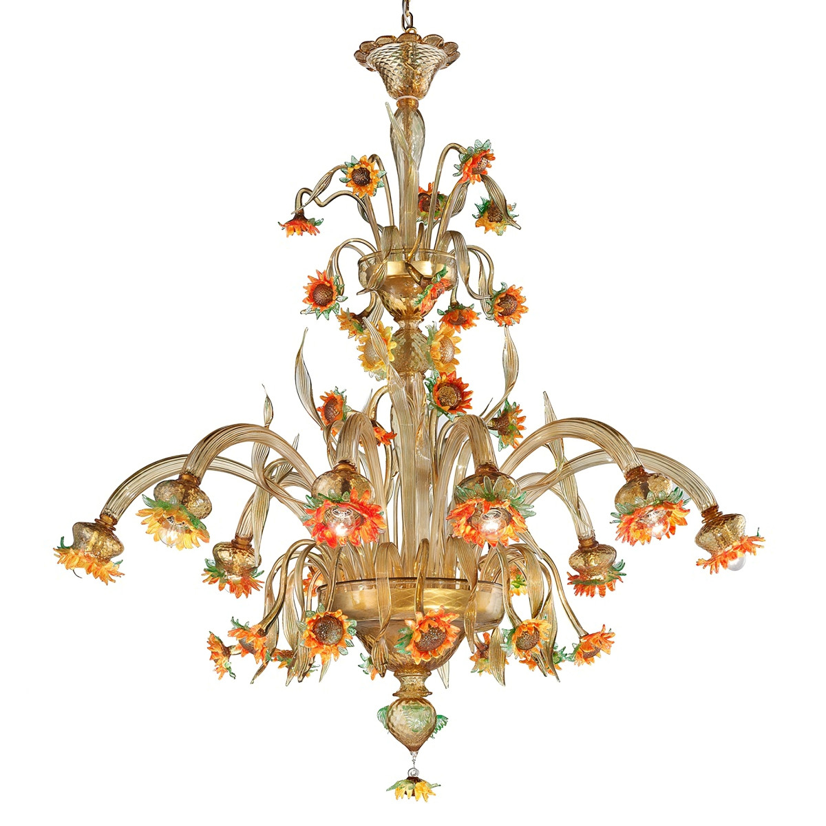 "Girasole" large Murano glass chandelier - 10 lights, amber, orange and green
