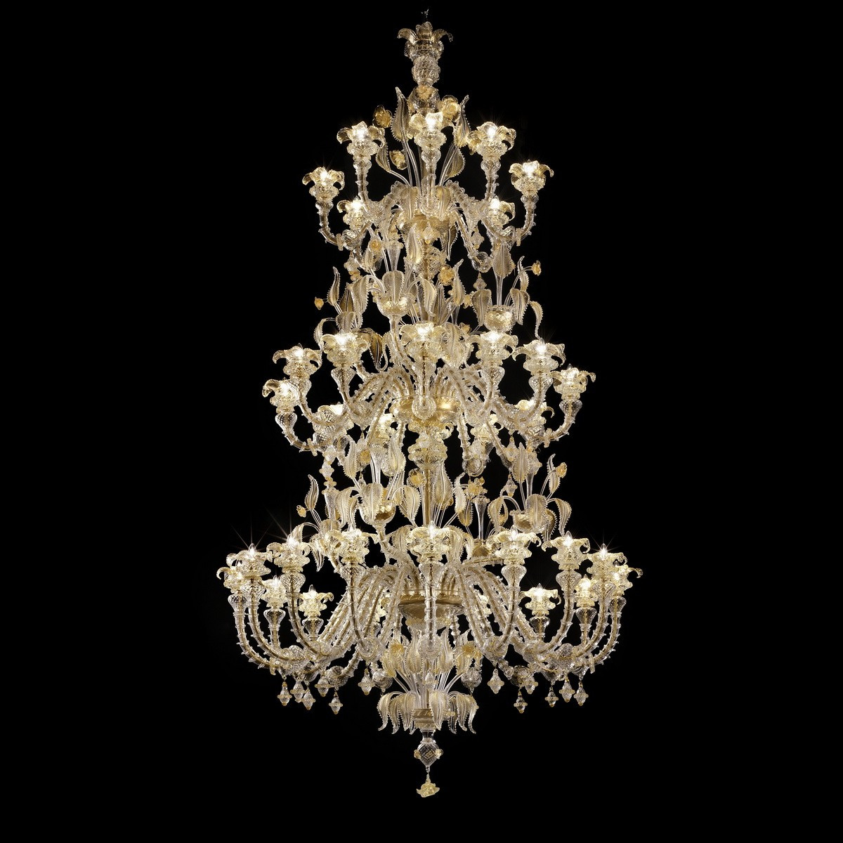 "Prezioso" three tier Murano glass chandelier - 16+12+8 lights - transparent and gold