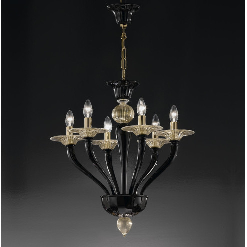 "Macbeth" lustre en cristal de Murano - 6 lumieres, noir et or