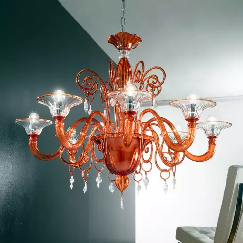 "Taric" lampara de araña de Murano - 8 luces - naranja y transparente