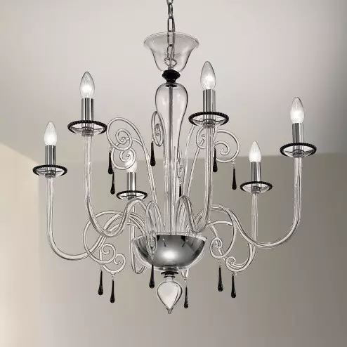 "Picandoi" Murano glass chandelier- 6 lights - transparent and black