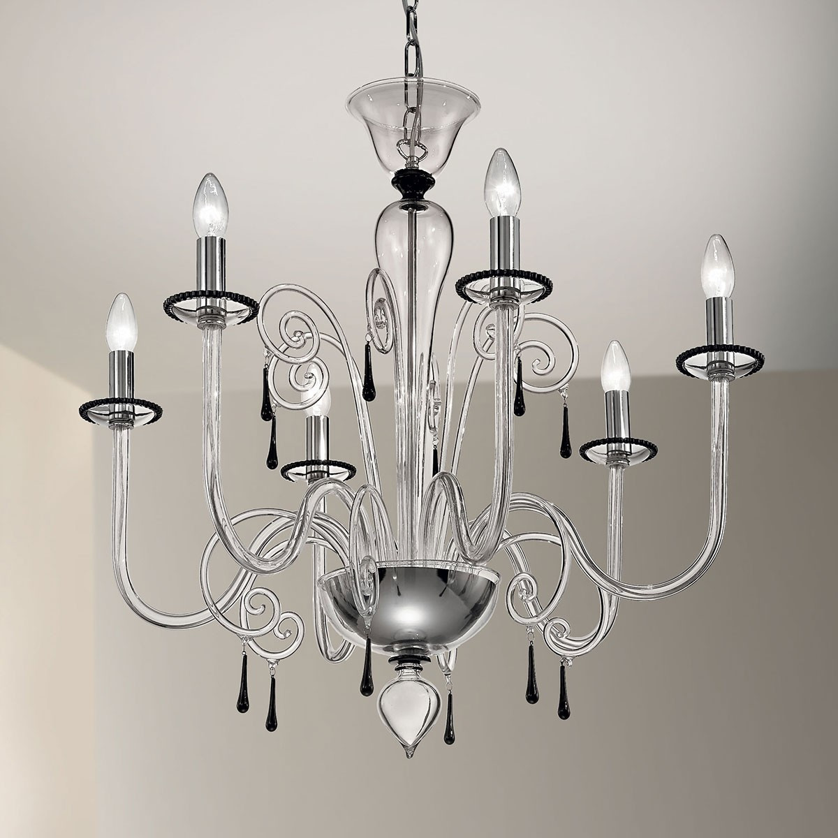 "Picandoi" Murano glass chandelier- 6 lights - transparent and black