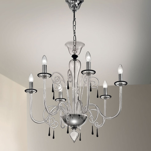 "Picandoi" lampara de araña de Murano - 6 luces -  transparente y negro