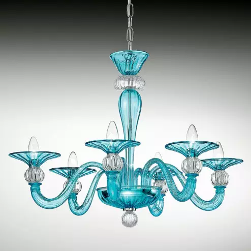 "Ermione" lampara de araña de Murano - 6 luces - azul claro y transparente