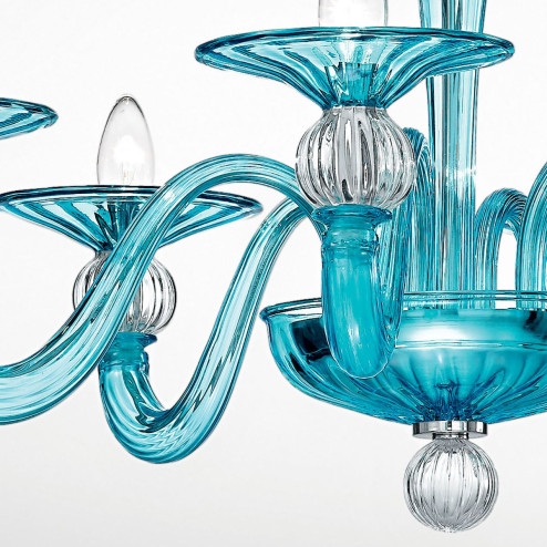 "Ermione" lustre en cristal de Murano - 6 lumières - bleu clair et transparent