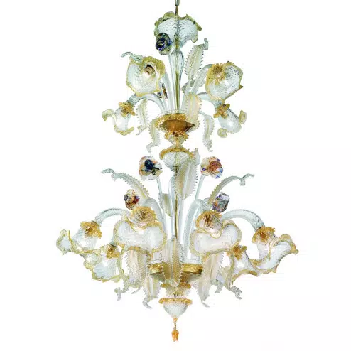 Canal Grande 2 niveles 8 +4 luces Murano lámpara de oro transparente - flores policromo