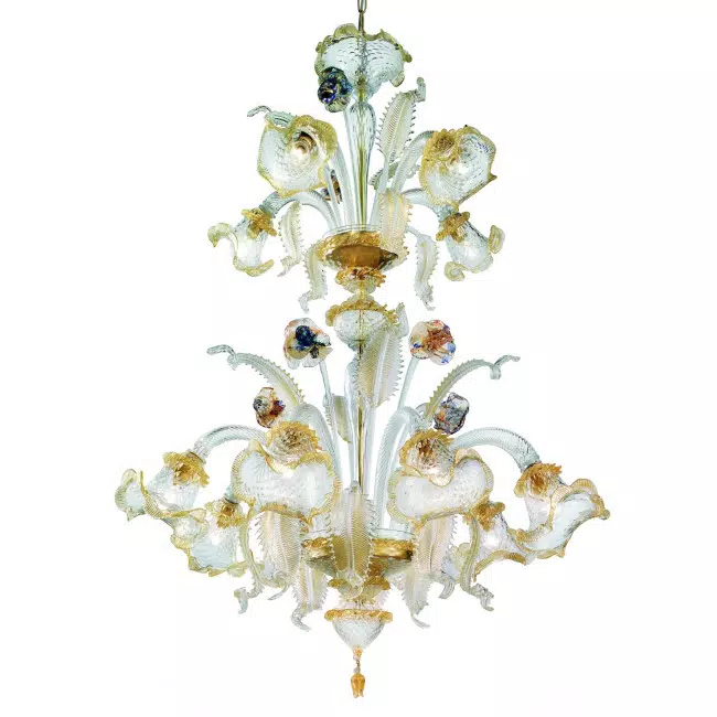 Canal Grande 2 tier 8+4 lights Murano chandelier transparent gold polychrome