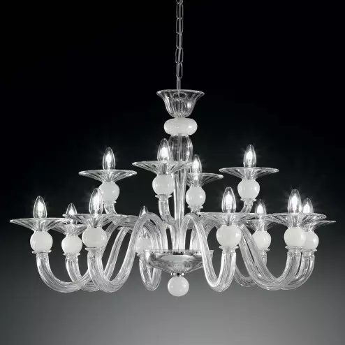 "Ermione" lustre en cristal de Murano à deux étages - 8+4 lumières - transparent et blanc 