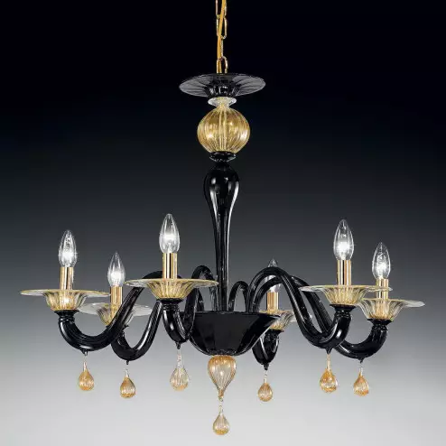 "Cabiri" lampara de araña de Murano - 6 luces - negro y oro