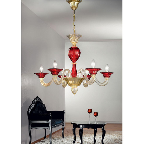 "Ermes" Murano glass chandelier - 6 lights - gold and red