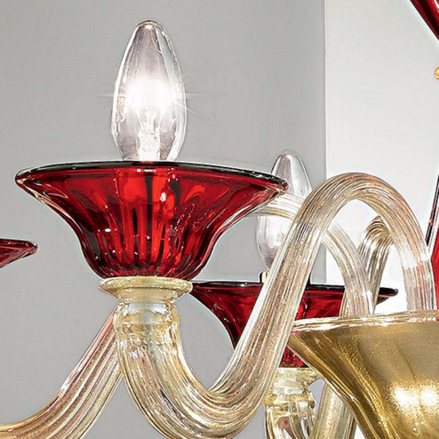"Ermes" lampara de araña de Murano - 6 luces - oro y rojo