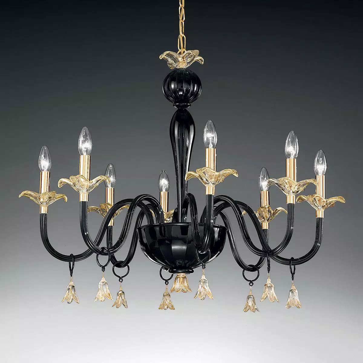 "Pendagli" Murano glass chandelier - 8 lights - black and gold