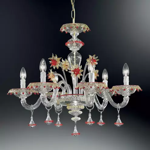 "Florenza" lustre en cristal de Murano - 6 lumières - transparent, or et rouge