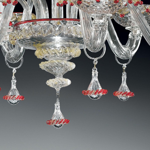 "Florenza" lustre en cristal de Murano - 6 lumières - transparent, or et rouge